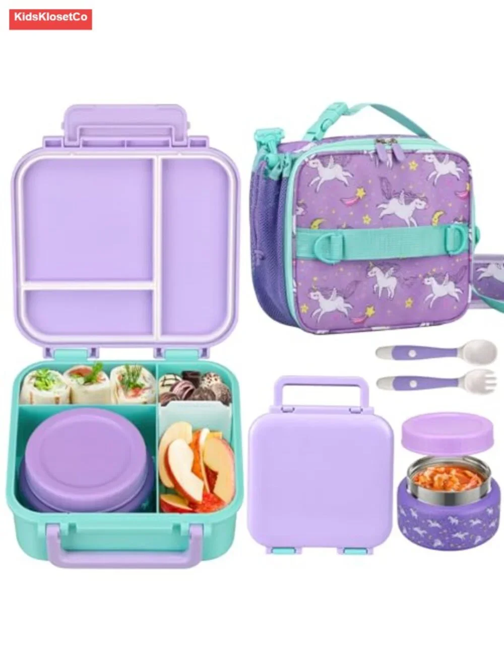 Kids Insulated Lunch Bag Set with Bento Box, Thermos